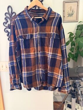 George Navy and Brown Plaid Long-Sleeve Button-Down Shirt